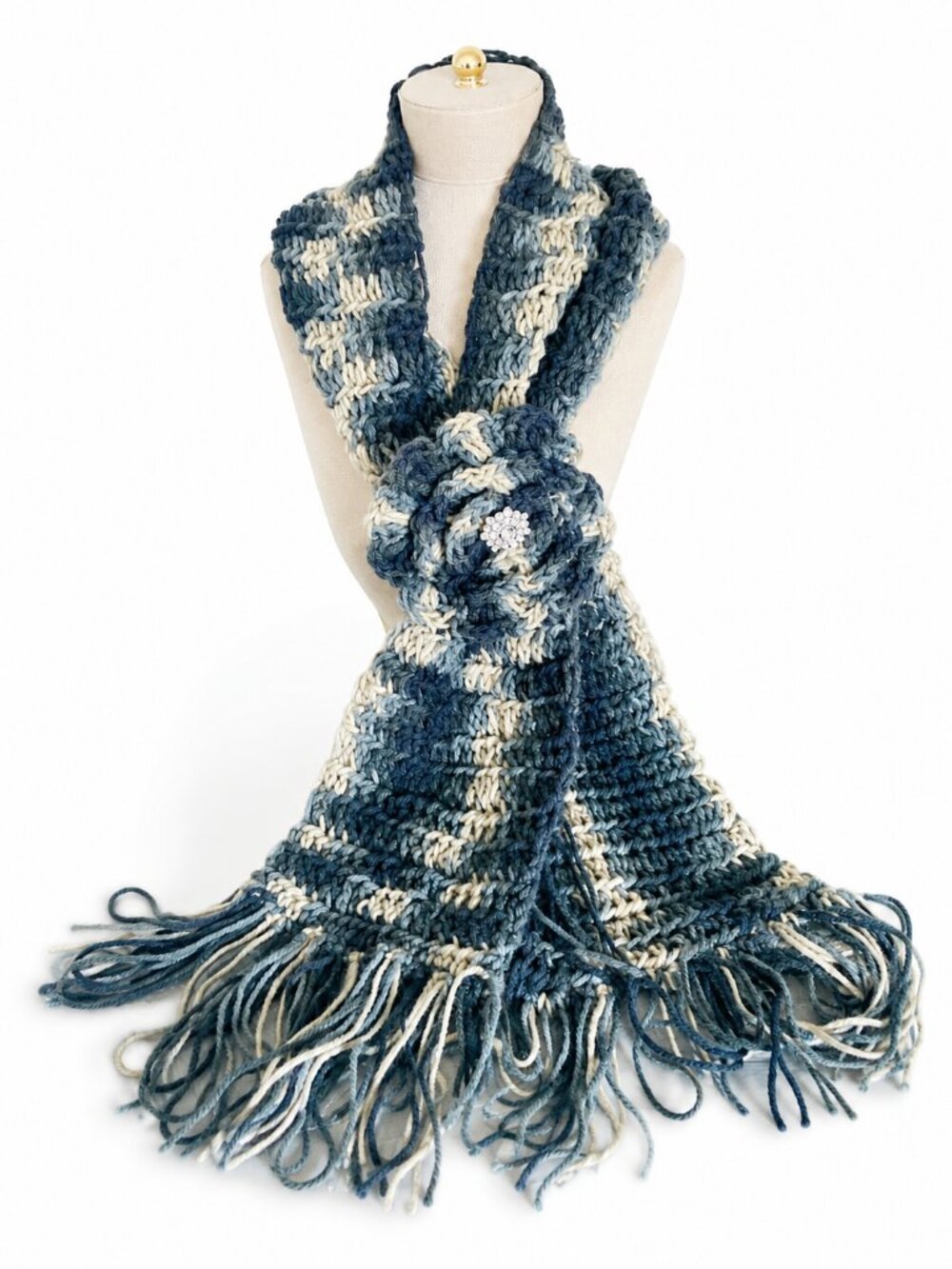 Hand Knit Blue Gray Cream Chunky Scarf Fringe Flower Detail